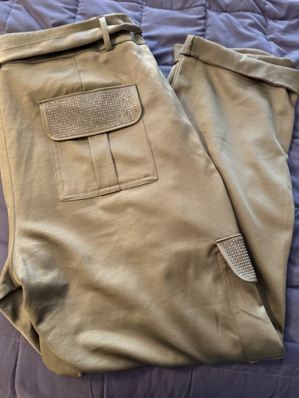 INC International Concepts Satin Cargo Pant Rhinestone Pockets Olive Green SZ 18